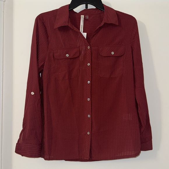 Ny Collection Petite 3/4 Sleeve Windowpane Blouse Wine NWT Size Small - Picture 5 of 14